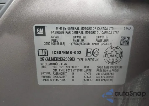 2012 GMC Terrain Sle-1 из США, поврежденный, VIN 2GKALMEK2C6250983